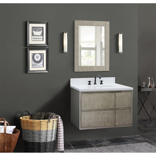 37" Single wall mount vanity in Linen Brown finish with White engineered stone top and oval sink