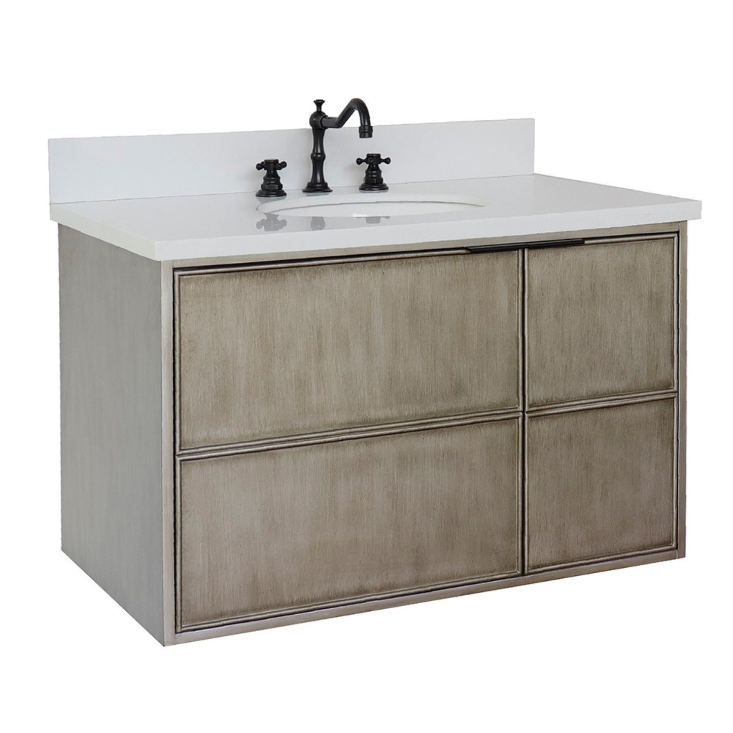 37" Single wall mount vanity in Linen Brown finish with White engineered stone top and oval sink