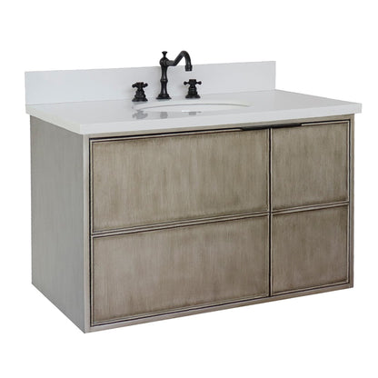 37" Single wall mount vanity in Linen Brown finish with White engineered stone top and oval sink