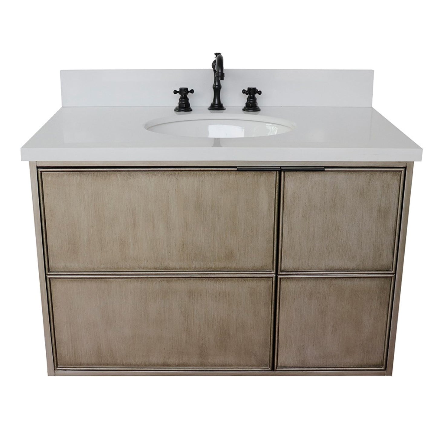 37" Single wall mount vanity in Linen Brown finish with White engineered stone top and oval sink