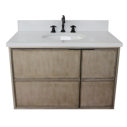 37" Single wall mount vanity in Linen Brown finish with White engineered stone top and oval sink