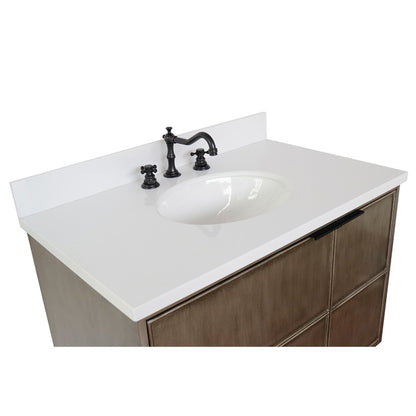 37" Single wall mount vanity in Linen Brown finish with White engineered stone top and oval sink