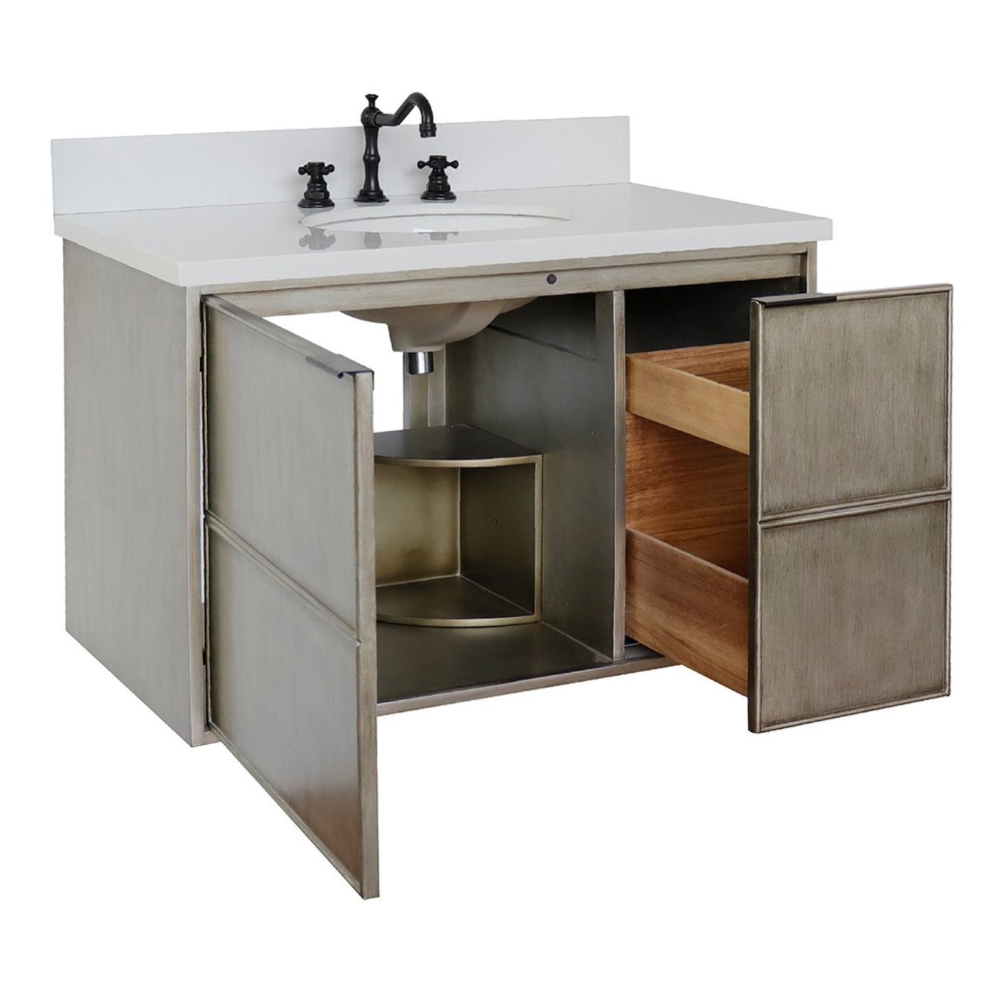 37" Single wall mount vanity in Linen Brown finish with White engineered stone top and oval sink