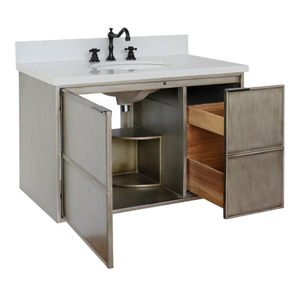 37" Single wall mount vanity in Linen Brown finish with White engineered stone top and oval sink