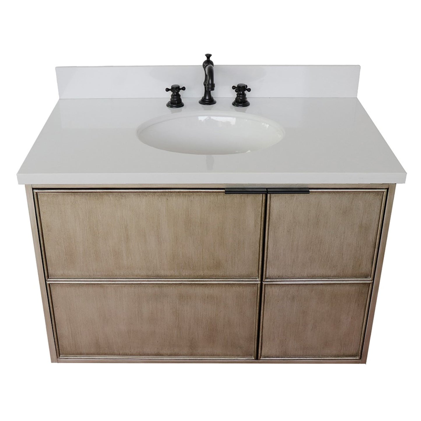 37" Single wall mount vanity in Linen Brown finish with White engineered stone top and oval sink