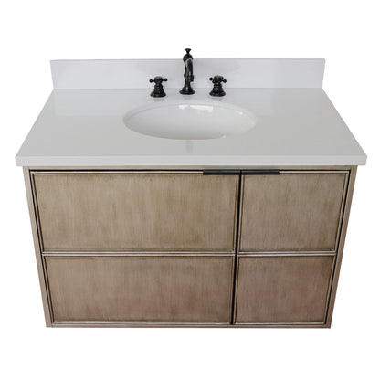 37" Single wall mount vanity in Linen Brown finish with White engineered stone top and oval sink