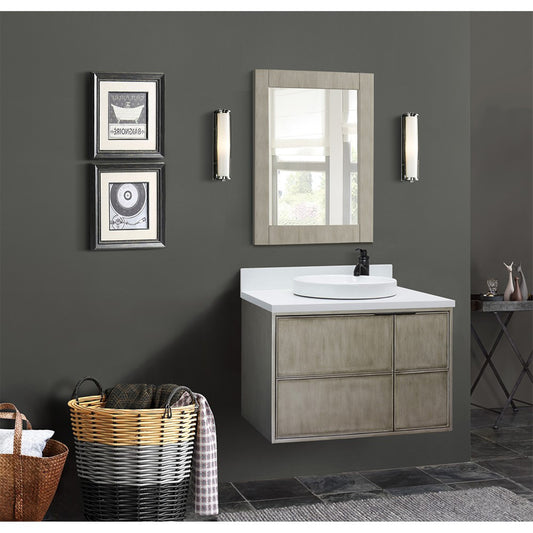 37" Single wall mount vanity in Linen Brown finish with White engineered stone top and round sink
