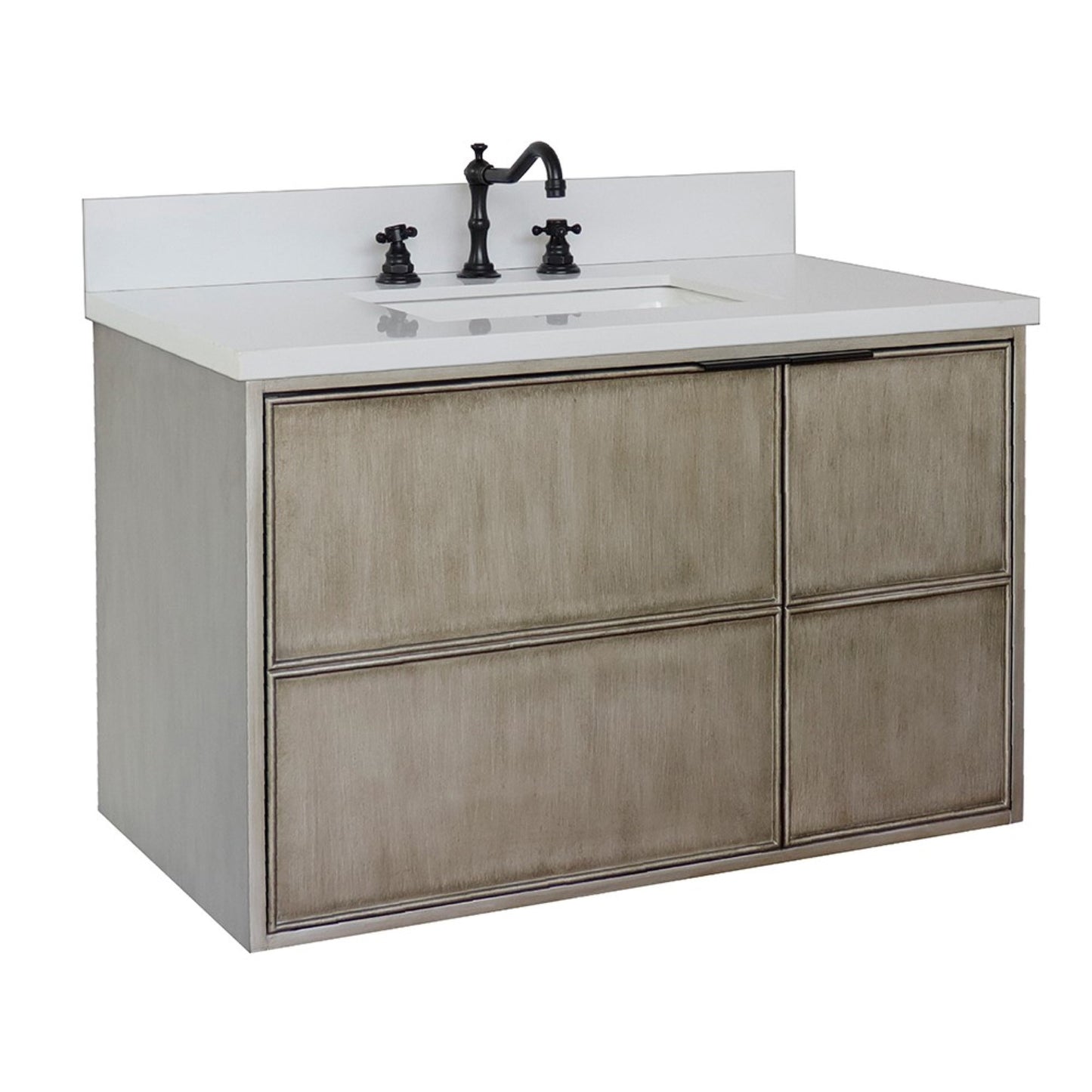 37" Single wall mount vanity in Linen Brown finish with White engineered stone top and rectangle sink