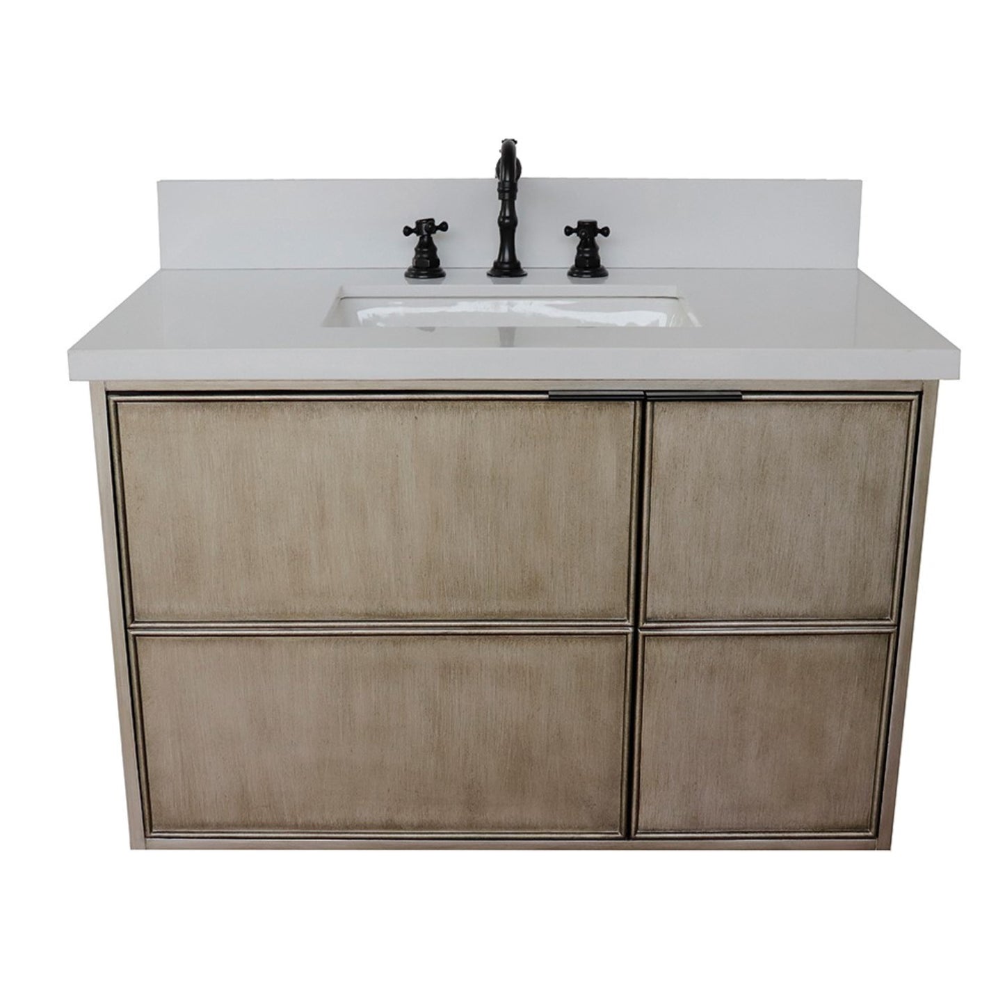 37" Single wall mount vanity in Linen Brown finish with White engineered stone top and rectangle sink