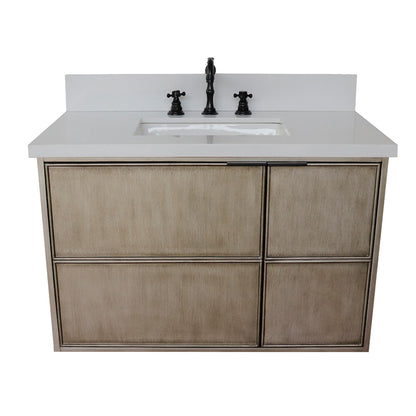 37" Single wall mount vanity in Linen Brown finish with White engineered stone top and rectangle sink