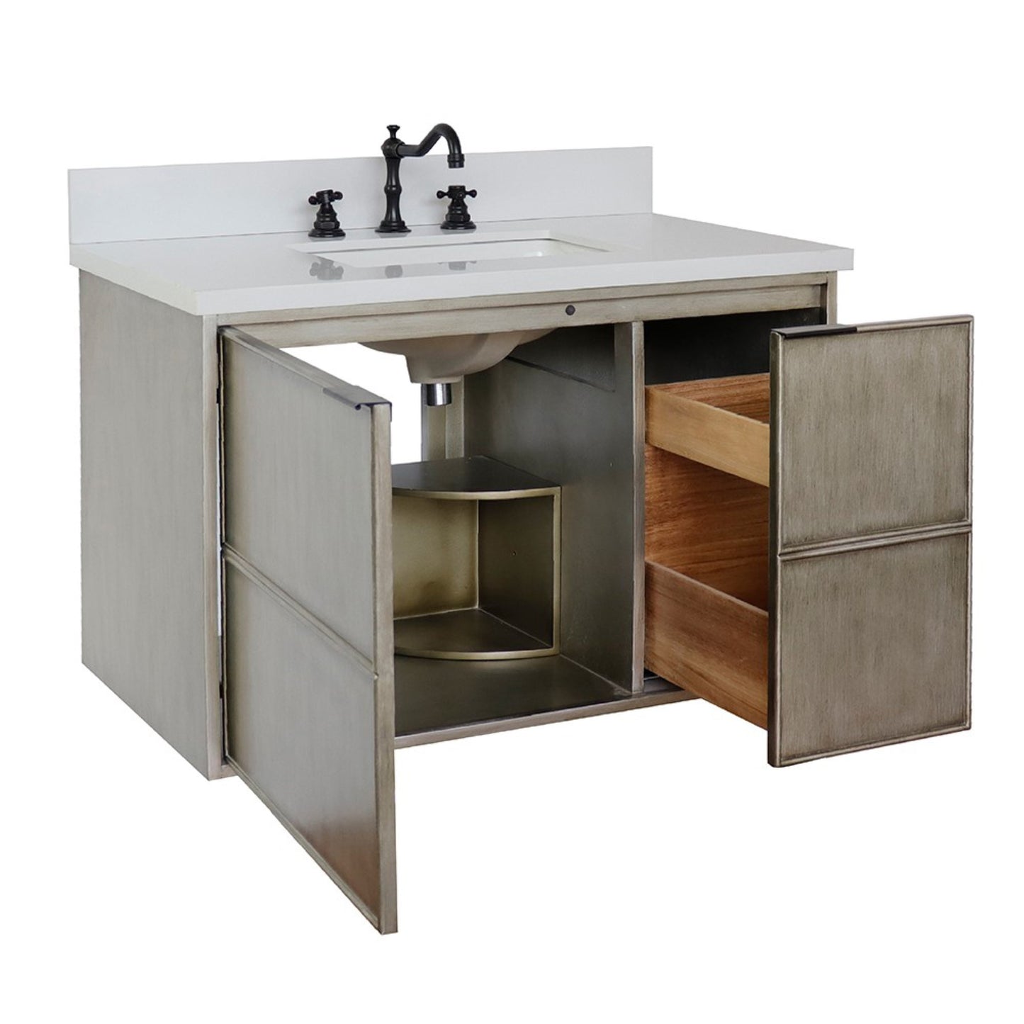 37" Single wall mount vanity in Linen Brown finish with White engineered stone top and rectangle sink