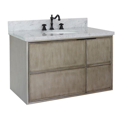 37" Single wall mount vanity in Linen Brown finish with White Carrara top and oval sink