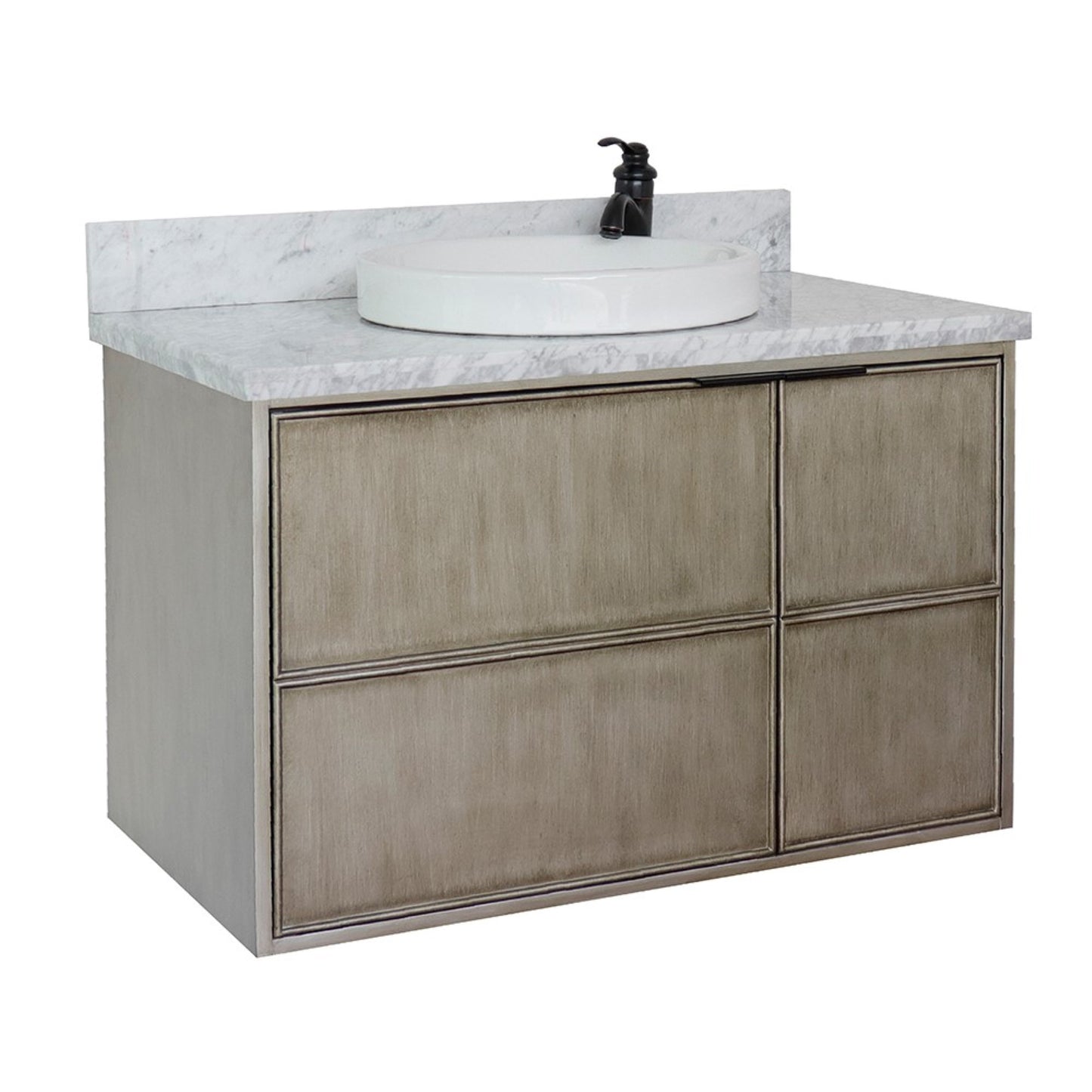 37" Single wall mount vanity in Linen Brown finish with White Carrara top and round sink