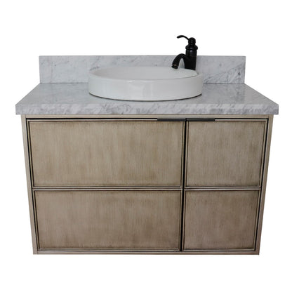 37" Single wall mount vanity in Linen Brown finish with White Carrara top and round sink