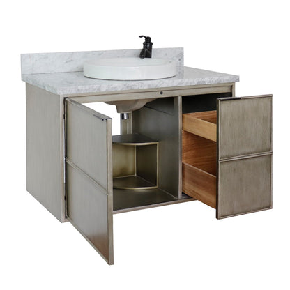 37" Single wall mount vanity in Linen Brown finish with White Carrara top and round sink