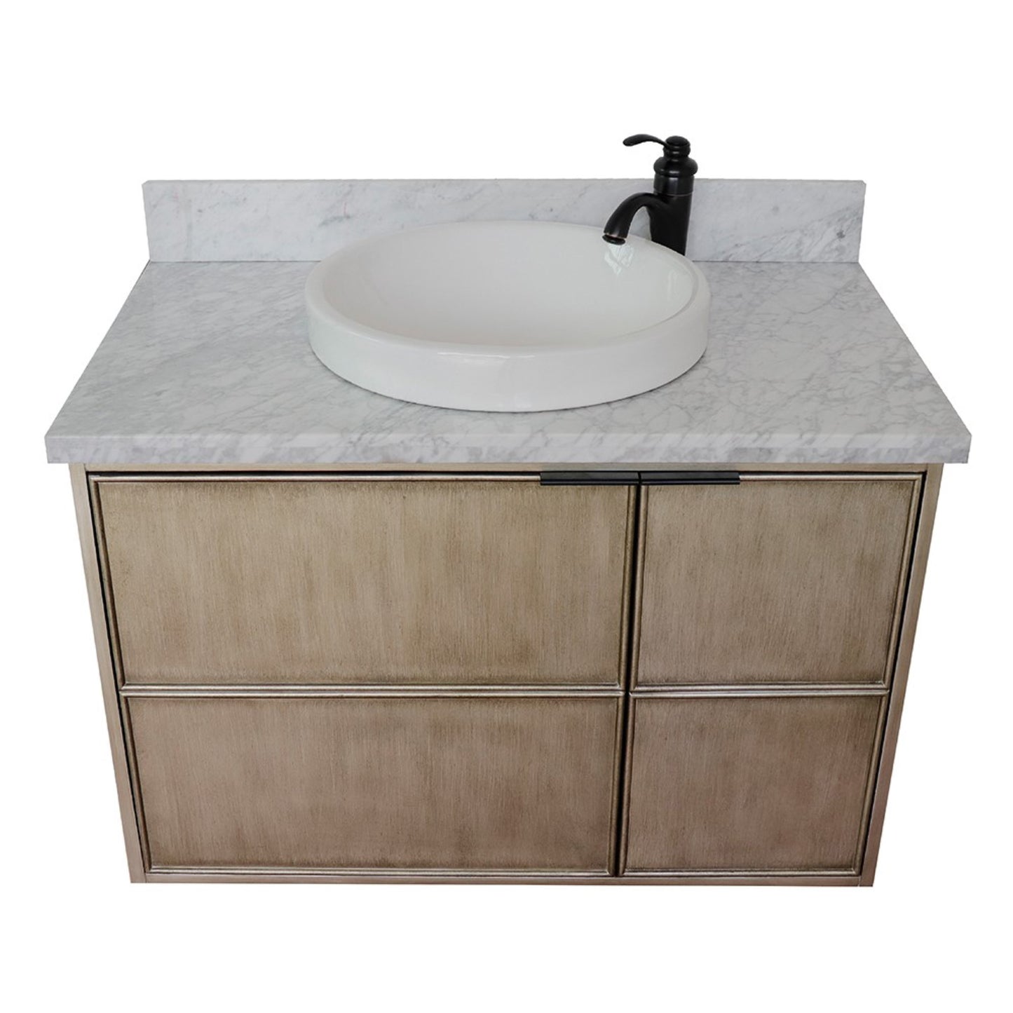 37" Single wall mount vanity in Linen Brown finish with White Carrara top and round sink