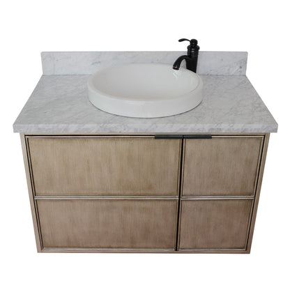 37" Single wall mount vanity in Linen Brown finish with White Carrara top and round sink
