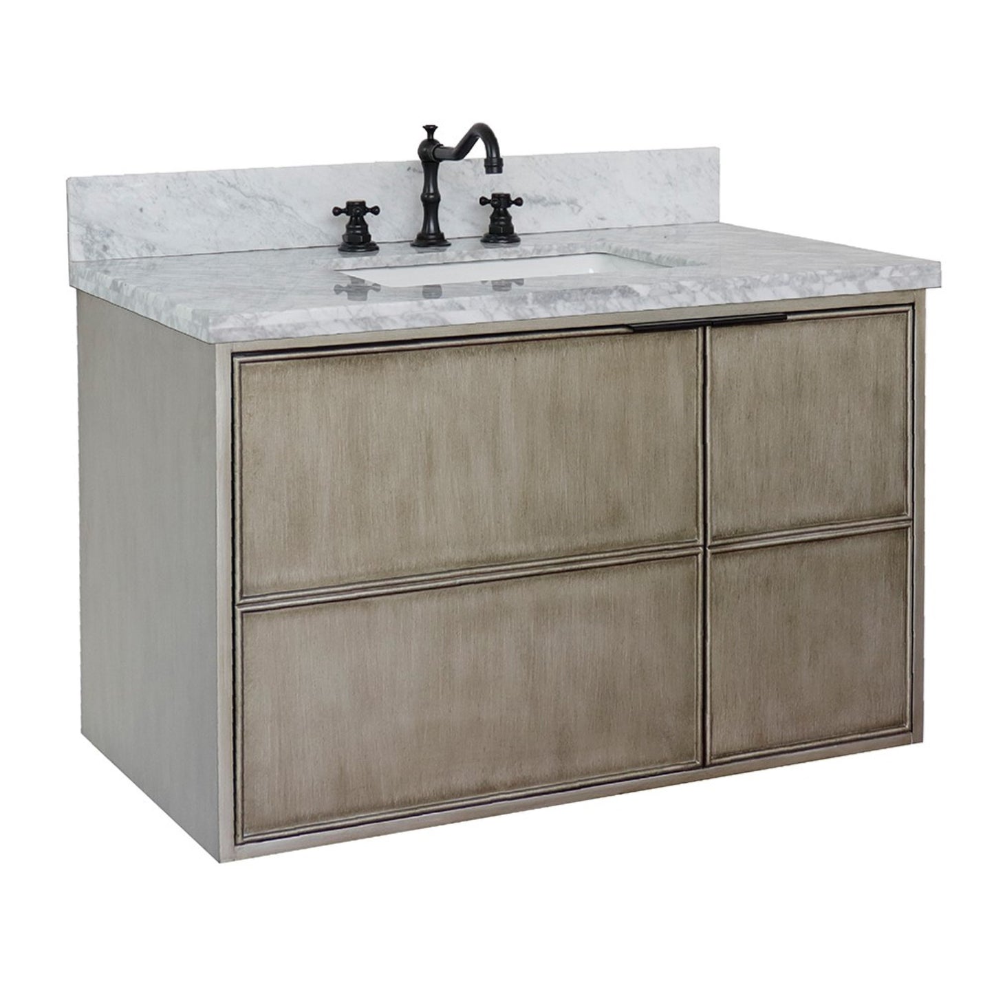 37" Single wall mount vanity in Linen Brown finish with White Carrara top and rectangle sink