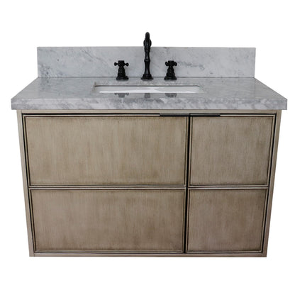 37" Single wall mount vanity in Linen Brown finish with White Carrara top and rectangle sink