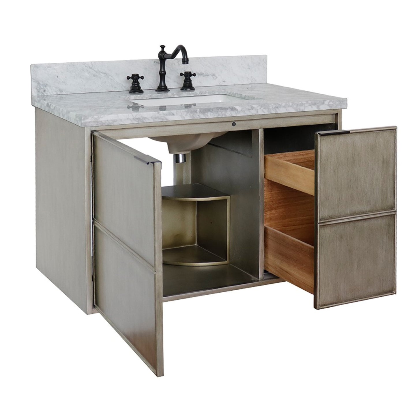 37" Single wall mount vanity in Linen Brown finish with White Carrara top and rectangle sink
