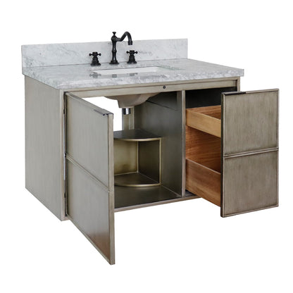 37" Single wall mount vanity in Linen Brown finish with White Carrara top and rectangle sink