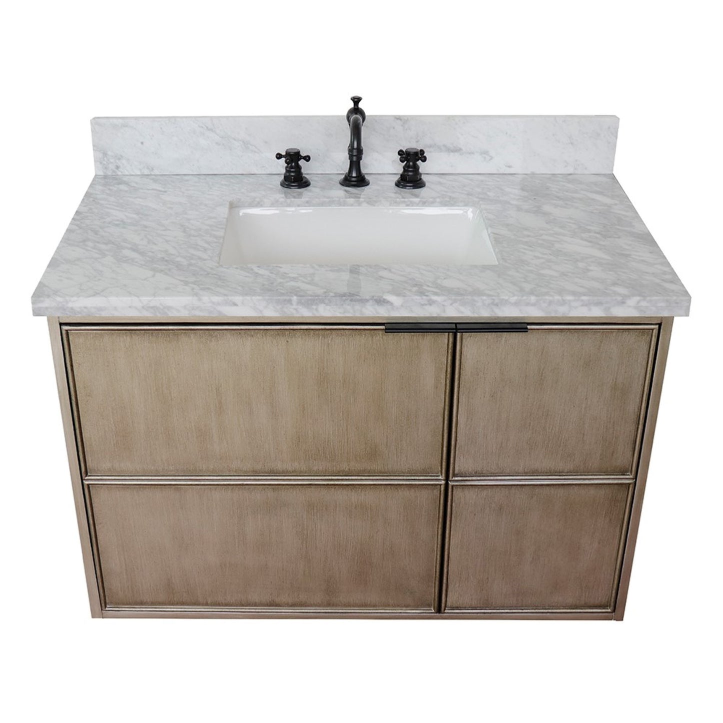 37" Single wall mount vanity in Linen Brown finish with White Carrara top and rectangle sink