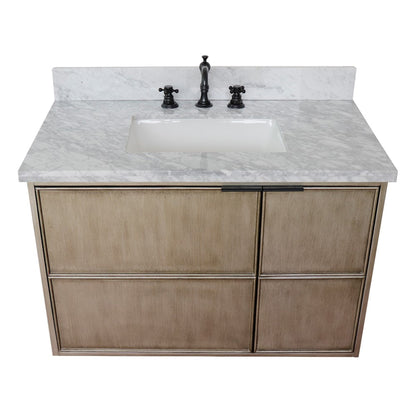 37" Single wall mount vanity in Linen Brown finish with White Carrara top and rectangle sink