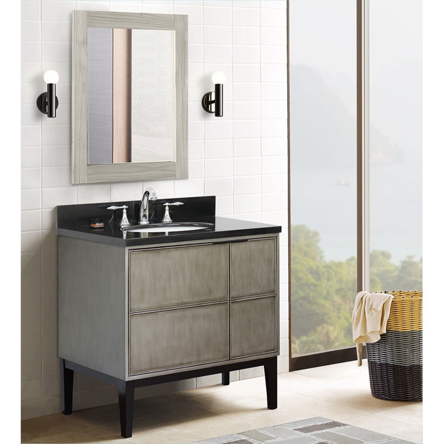37" Single vanity in Linen Brown finish with Black Galaxy top and oval sink