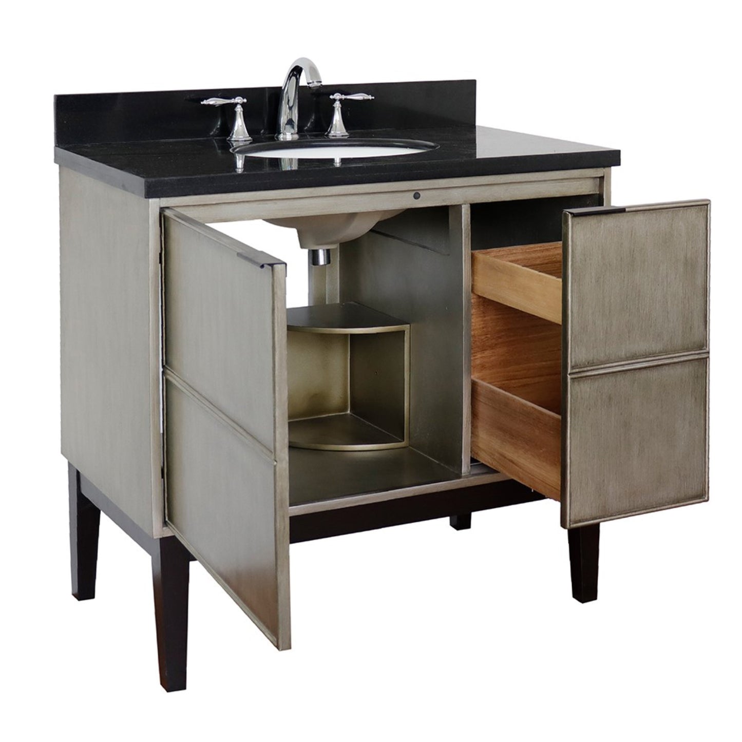 37" Single vanity in Linen Brown finish with Black Galaxy top and oval sink