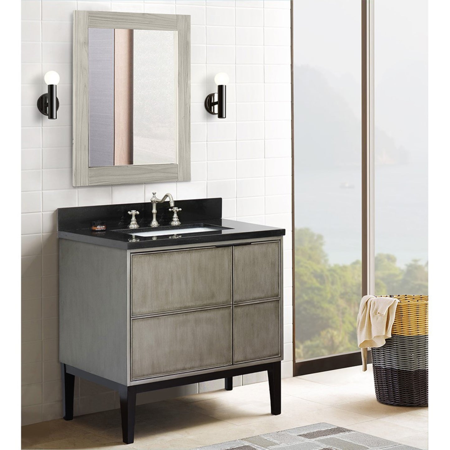 37" Single vanity in Linen Brown finish with Black Galaxy top and rectangle sink
