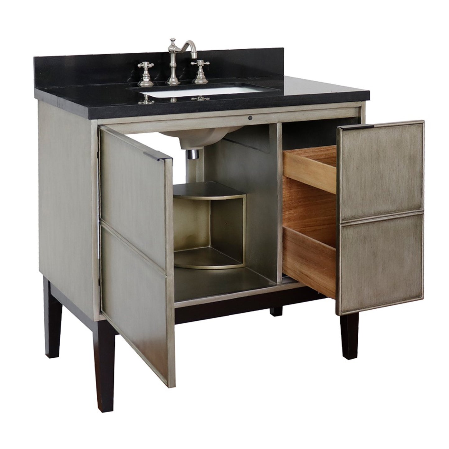 37" Single vanity in Linen Brown finish with Black Galaxy top and rectangle sink