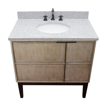 37" Single vanity in Linen Brown finish with Gray granite top and oval sink