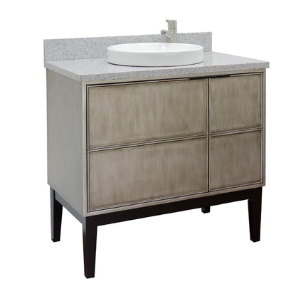 37" Single vanity in Linen Brown finish with Gray granite top and round sink