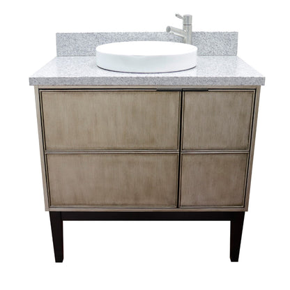 37" Single vanity in Linen Brown finish with Gray granite top and round sink