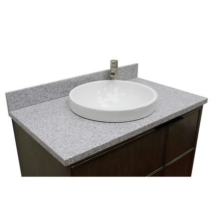 37" Single vanity in Linen Brown finish with Gray granite top and round sink