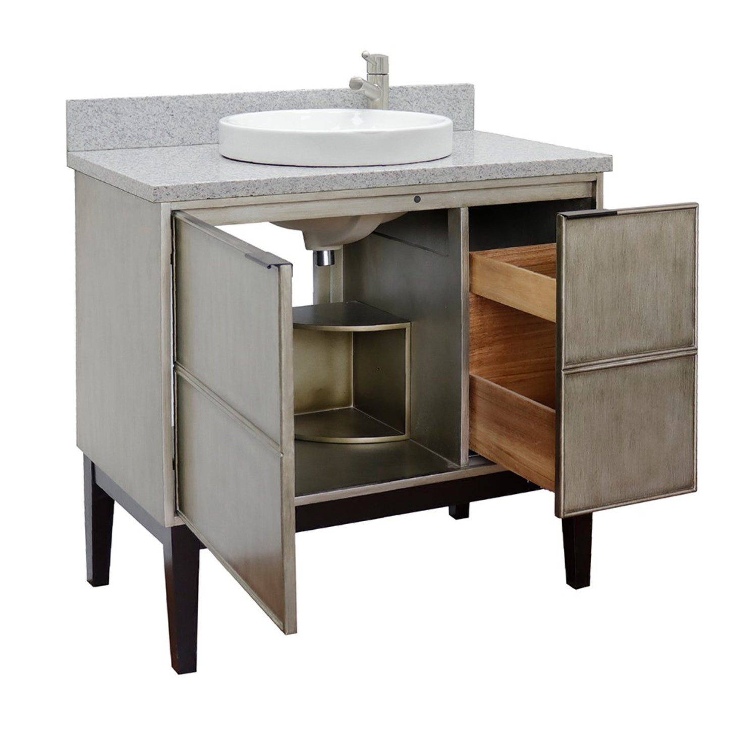 37" Single vanity in Linen Brown finish with Gray granite top and round sink