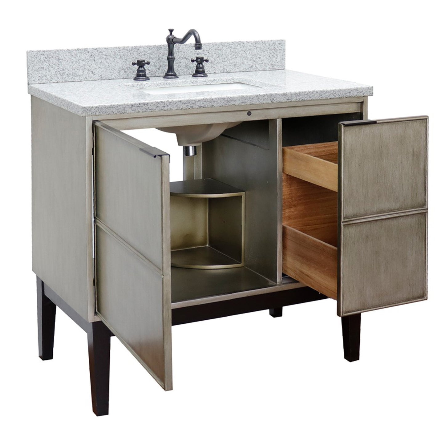 37" Single vanity in Linen Brown finish with Gray granite top and rectangle sink