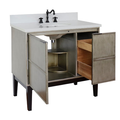 37" Single vanity in Linen Brown finish with White engineered stone top and oval sink