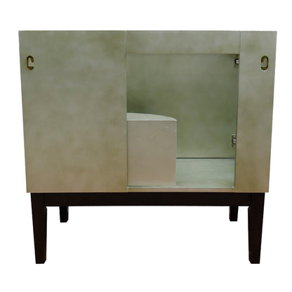 37" Single vanity in Linen Brown finish with White engineered stone top and oval sink
