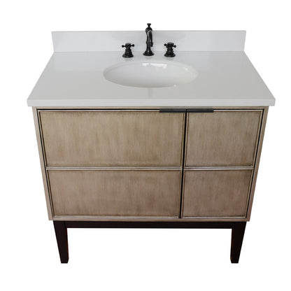 37" Single vanity in Linen Brown finish with White engineered stone top and oval sink