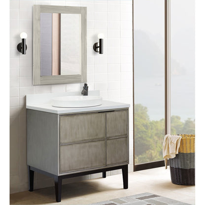 37" Single vanity in Linen Brown finish with White engineered stone top and round sink