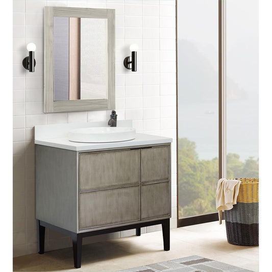37" Single vanity in Linen Brown finish with White engineered stone top and round sink