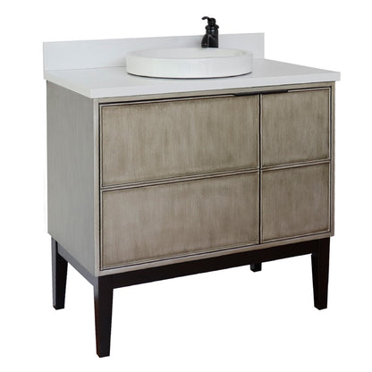 37" Single vanity in Linen Brown finish with White engineered stone top and round sink