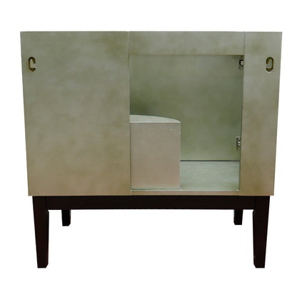 37" Single vanity in Linen Brown finish with White engineered stone top and round sink