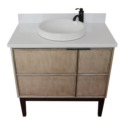 37" Single vanity in Linen Brown finish with White engineered stone top and round sink