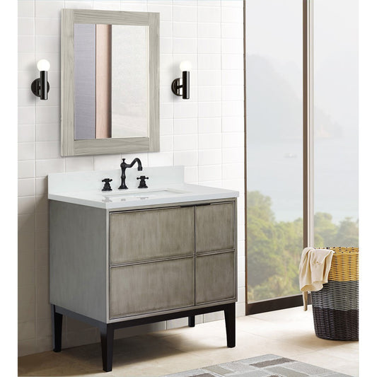 37" Single vanity in Linen Brown finish with White engineered stone top and rectangle sink