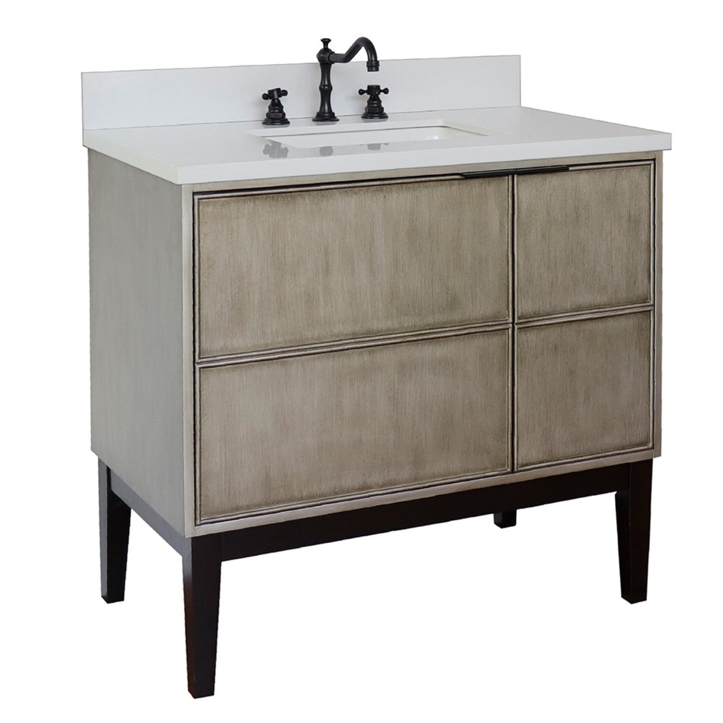 37" Single vanity in Linen Brown finish with White engineered stone top and rectangle sink