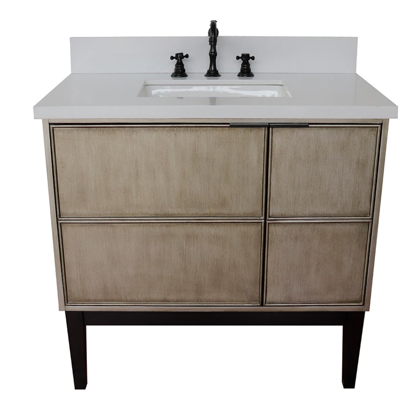 37" Single vanity in Linen Brown finish with White engineered stone top and rectangle sink