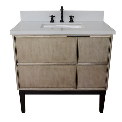 37" Single vanity in Linen Brown finish with White engineered stone top and rectangle sink