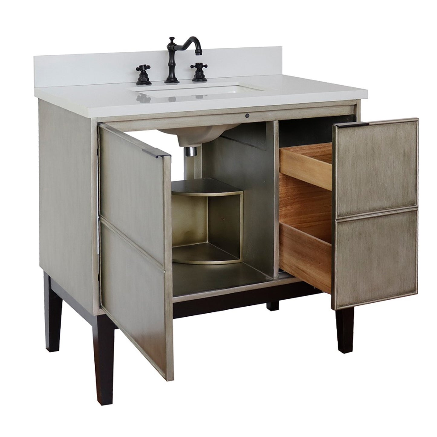 37" Single vanity in Linen Brown finish with White engineered stone top and rectangle sink